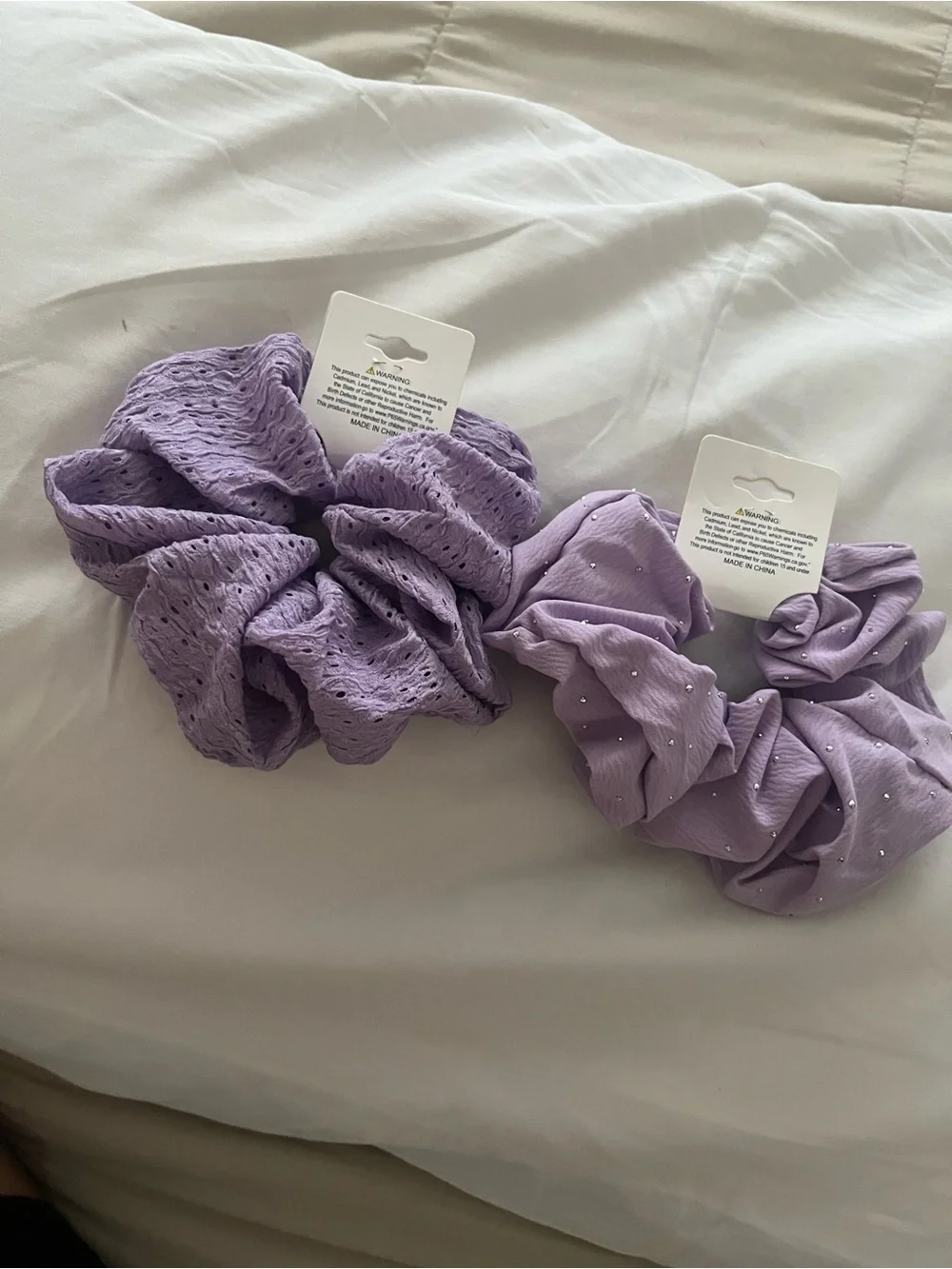 Lilac Women's Hair Scrunchie Duo with Textured and Embellished Styles